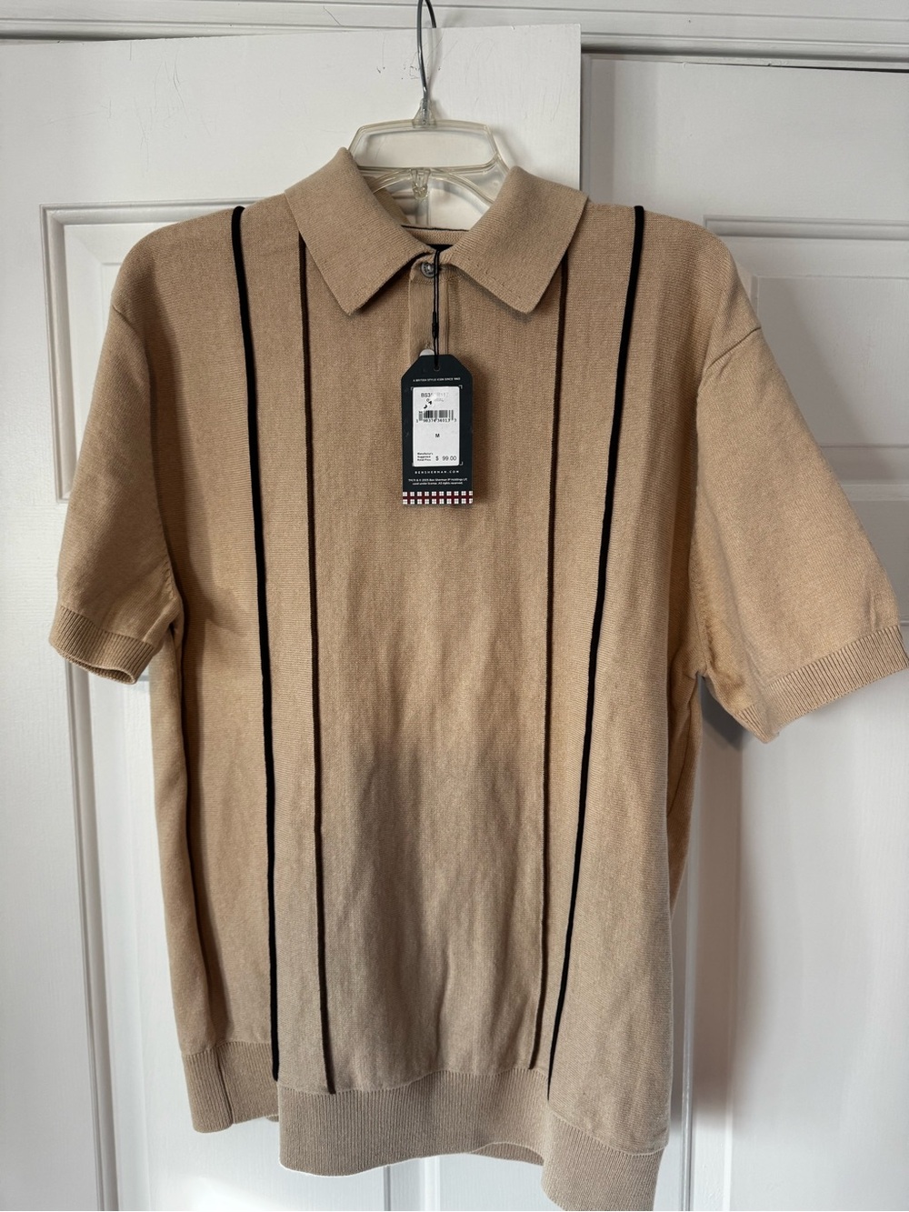 Men's Polo Sweater Short Sleeve in Beige with Black Stripes